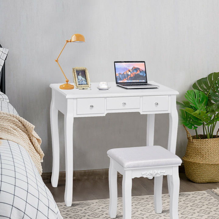 Bedroom Wooden Mirrored Makeup Vanity Set Stool Table Set White 5 Drawers Image 5