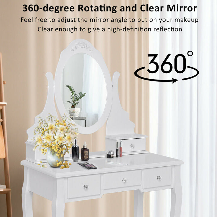 Bedroom Wooden Mirrored Makeup Vanity Set Stool Table Set White 5 Drawers Image 6