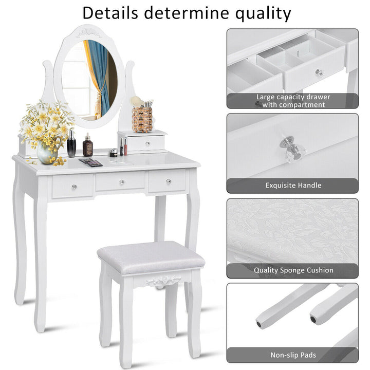 Bedroom Wooden Mirrored Makeup Vanity Set Stool Table Set White 5 Drawers Image 7