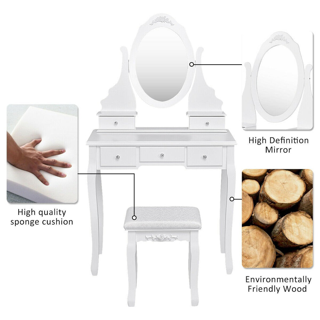 Bedroom Wooden Mirrored Makeup Vanity Set Stool Table Set White 5 Drawers Image 8