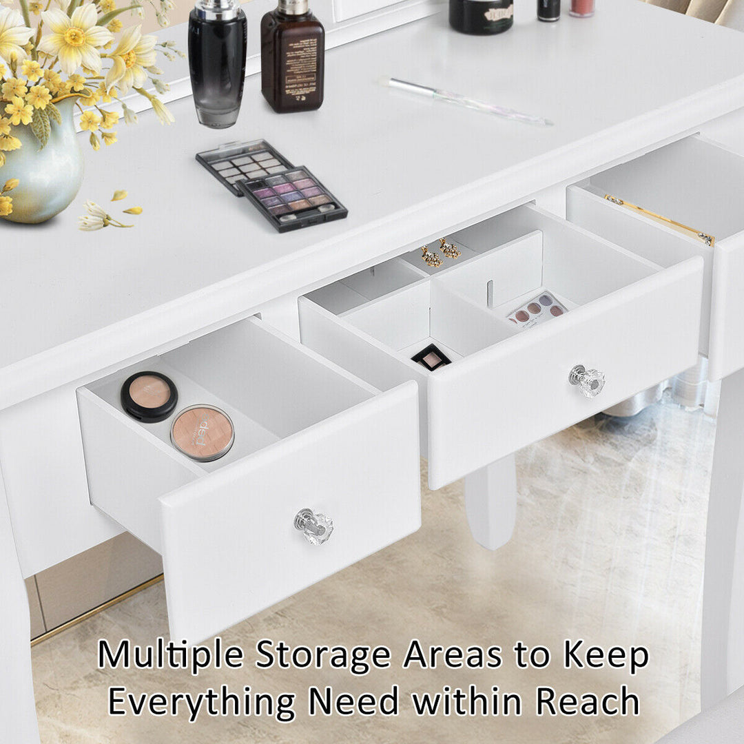 Bedroom Wooden Mirrored Makeup Vanity Set Stool Table Set White 5 Drawers Image 9