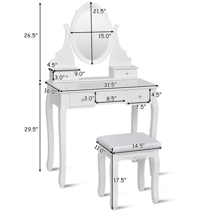 Bedroom Wooden Mirrored Makeup Vanity Set Stool Table Set White 5 Drawers Image 10