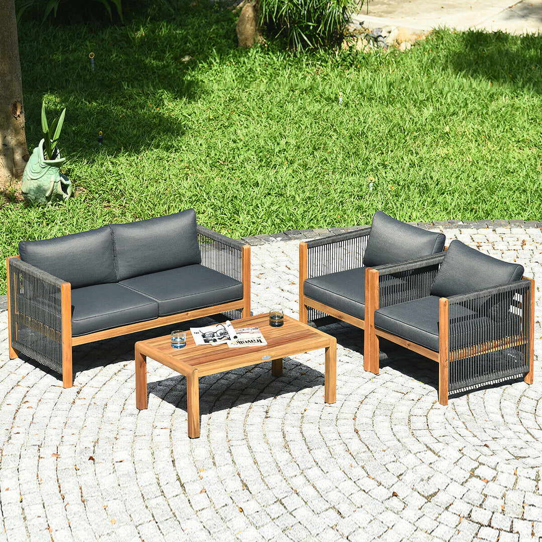 8PCS Acacia Wood Outdoor Patio Furniture Set Cushioned Sofa W/Nylon Rope Armrest Image 4