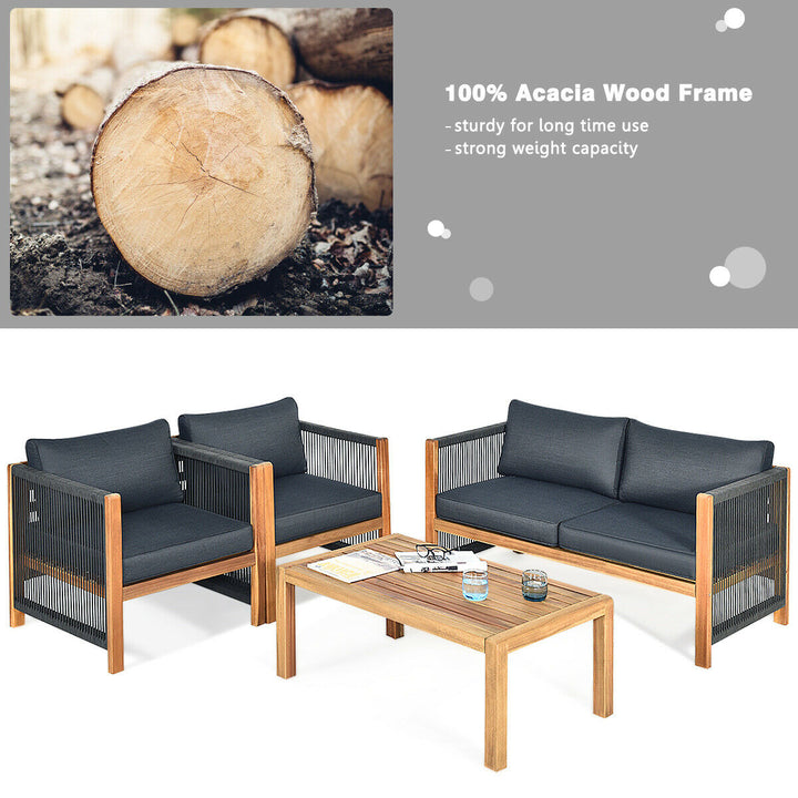 8PCS Acacia Wood Outdoor Patio Furniture Set Cushioned Sofa W/Nylon Rope Armrest Image 7