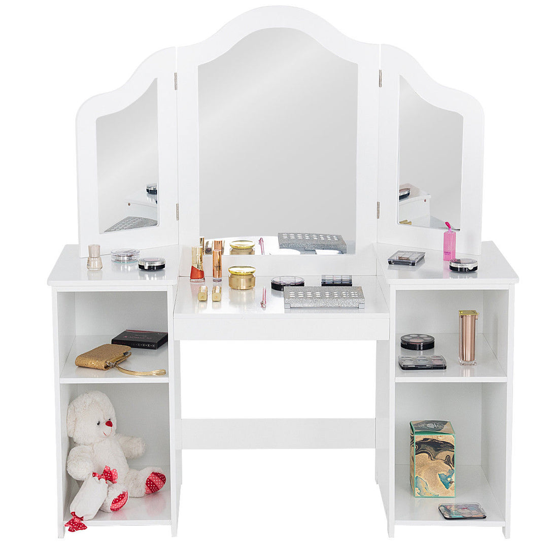 Vanity Table Set Makeup Dressing Kids Girls Study Table Tri Folding Mirror Image 5