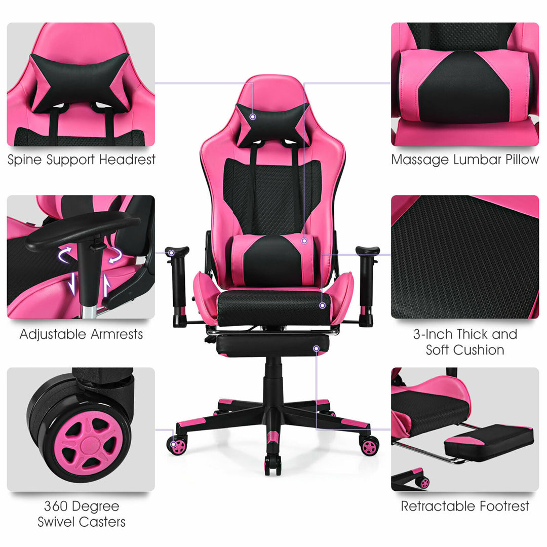 Massage Gaming Chair Reclining Racing Office Computer Chair with Footrest Pink Image 10