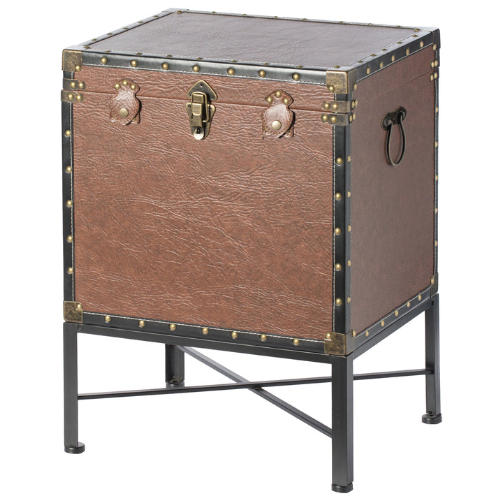 Faux Leather Trimmed Lockable Square Lined Storage Trunk, End Table on Metal Stand Image 3