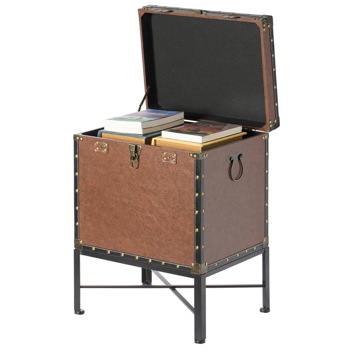 Faux Leather Storage Trunk Lockable End Table with Metal Stand 18in x 25in Image 4