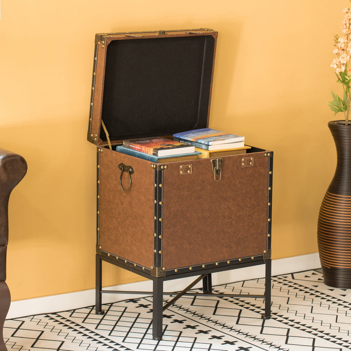 Faux Leather Trimmed Lockable Square Lined Storage Trunk, End Table on Metal Stand Image 6