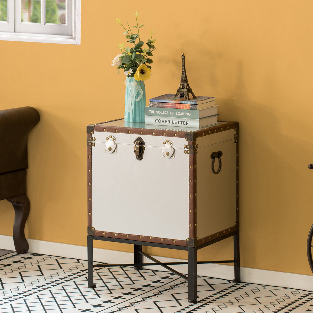 Faux Leather Trimmed Lockable Square Lined Storage Trunk, End Table on Metal Stand Image 9