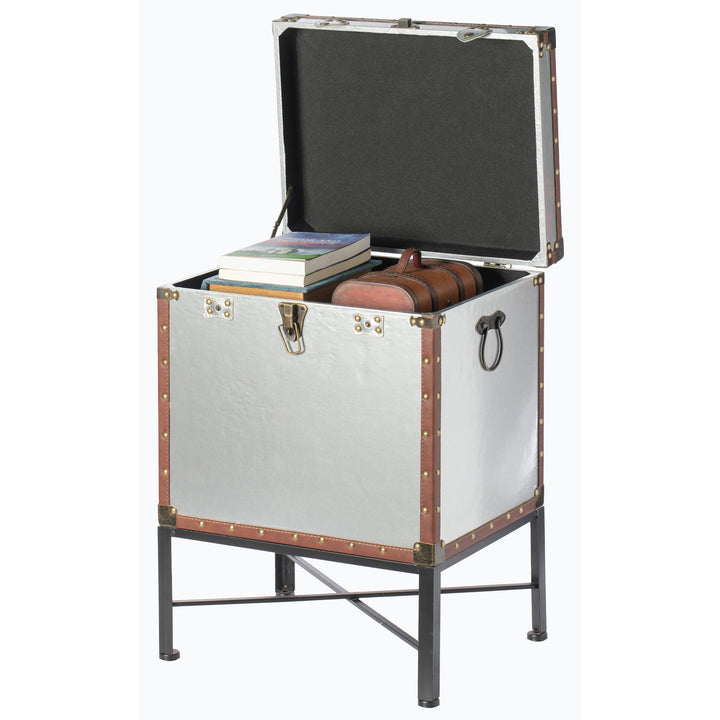 Faux Leather Trimmed Lockable Square Lined Storage Trunk, End Table on Metal Stand Image 11