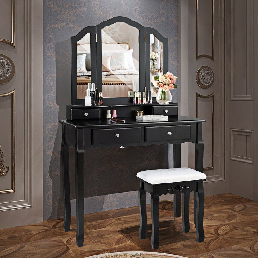 Bedroom Tri Folding Mirror Vanity Makeup Table Stool Set Black/White Image 1