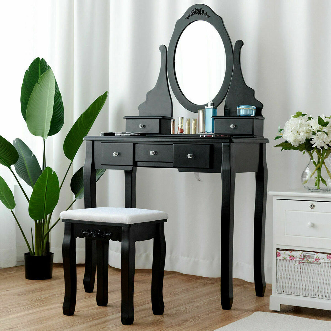 Vanity Jewelry Wooden Makeup Dressing Table Set W/Stool Mirror and 5 Drawers Black Image 1