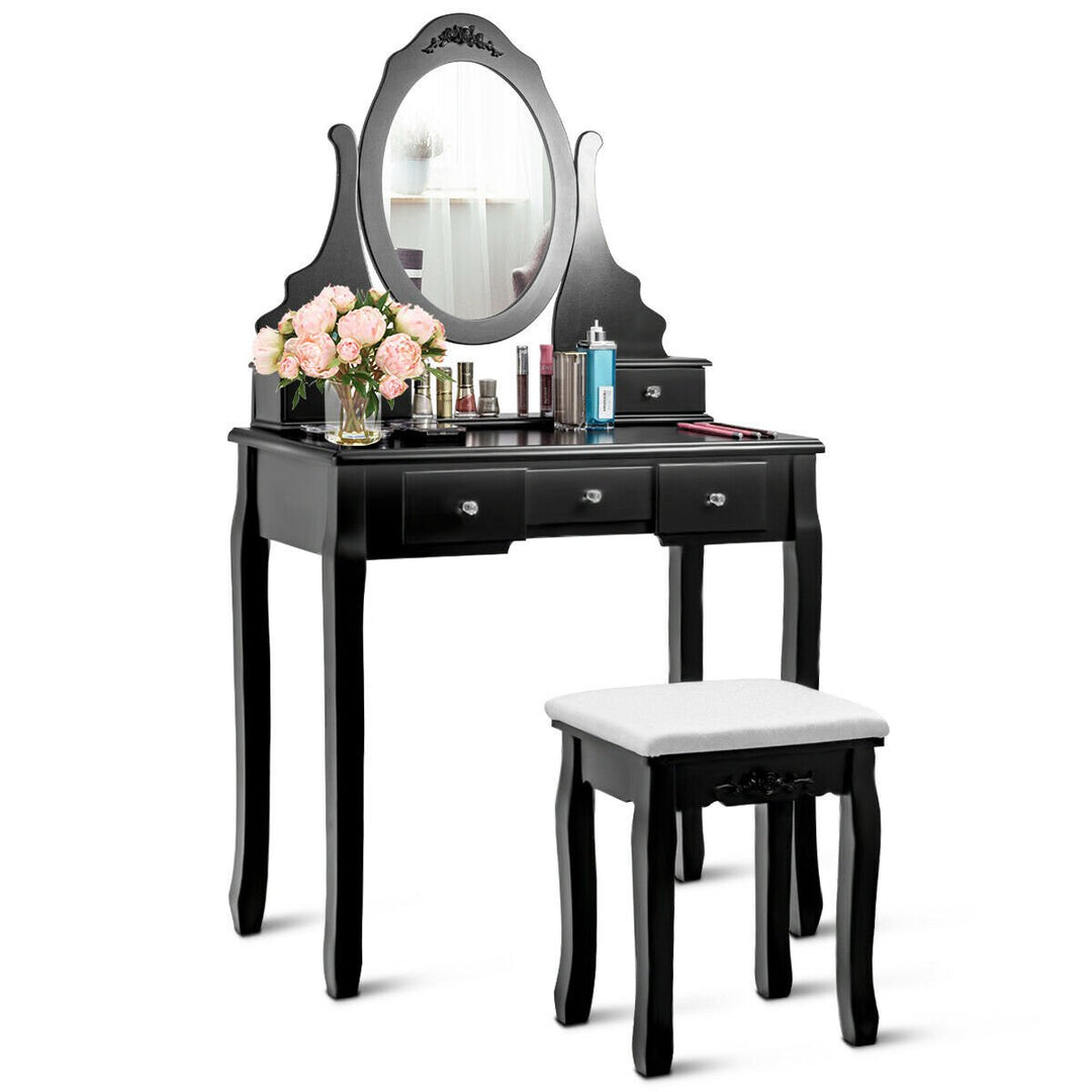 Vanity Jewelry Wooden Makeup Dressing Table Set W/Stool Mirror and 5 Drawers Black Image 2