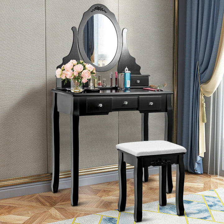 Vanity Jewelry Wooden Makeup Dressing Table Set W/Stool Mirror and 5 Drawers Black Image 5