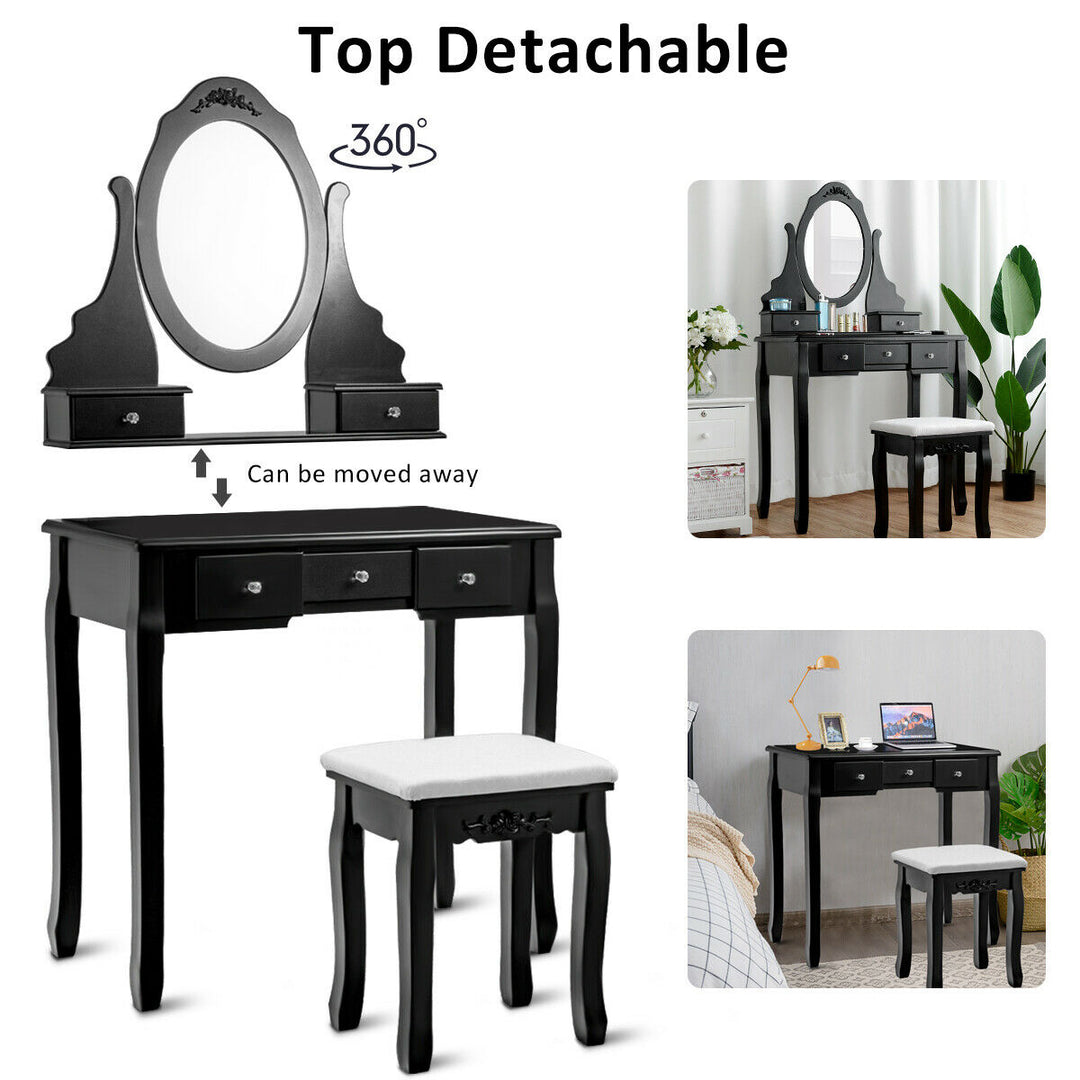 Vanity Jewelry Wooden Makeup Dressing Table Set W/Stool Mirror and 5 Drawers Black Image 6