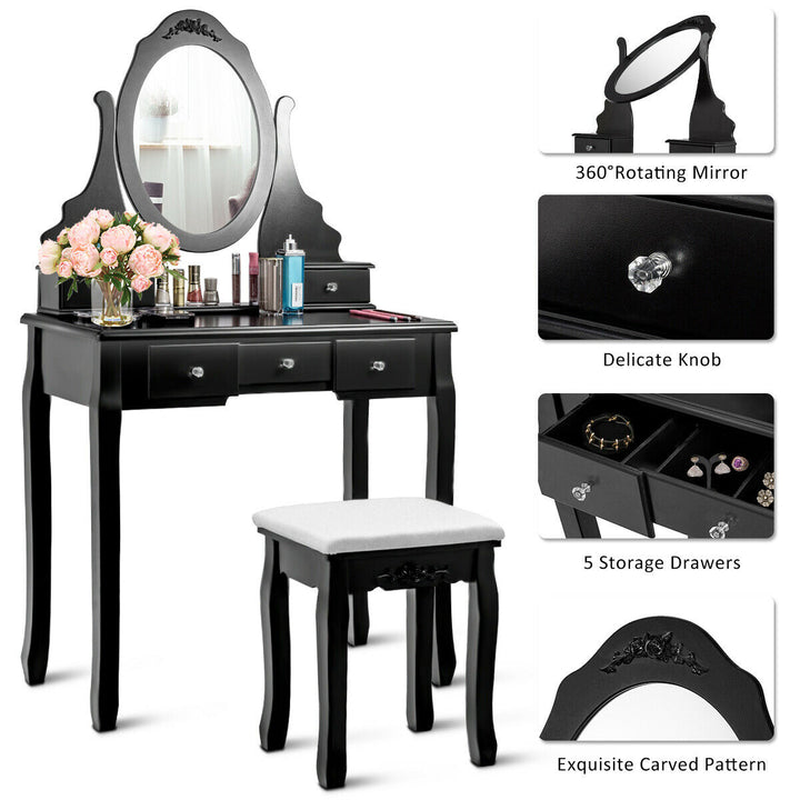 Vanity Jewelry Wooden Makeup Dressing Table Set W/Stool Mirror and 5 Drawers Black Image 7