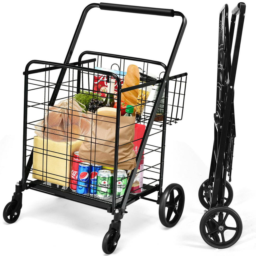 Heavy Duty Folding Shopping Cart Utility Jumbo Double Basket 330lbs Image 4