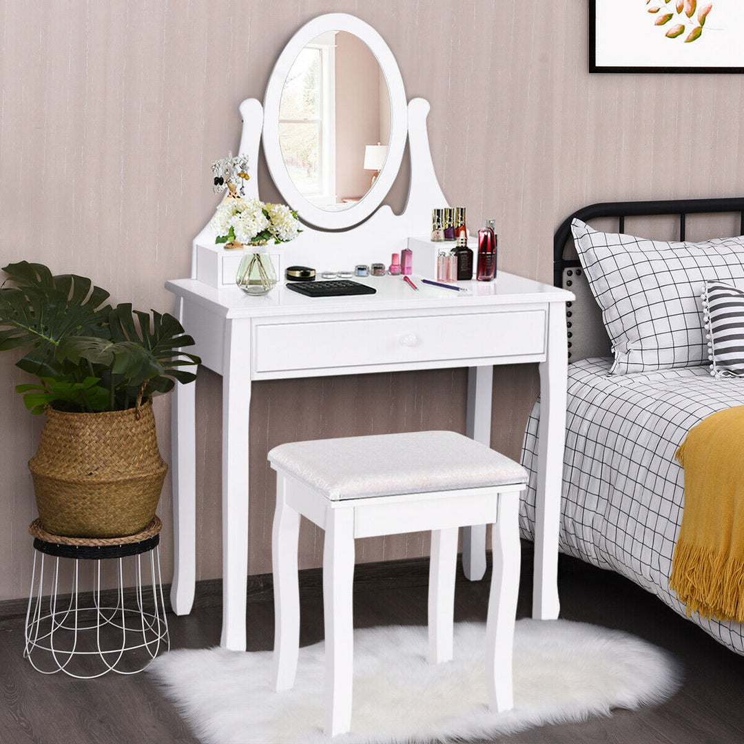 Bedroom Wooden Mirrored Makeup Vanity Set Stool Table Set Image 1