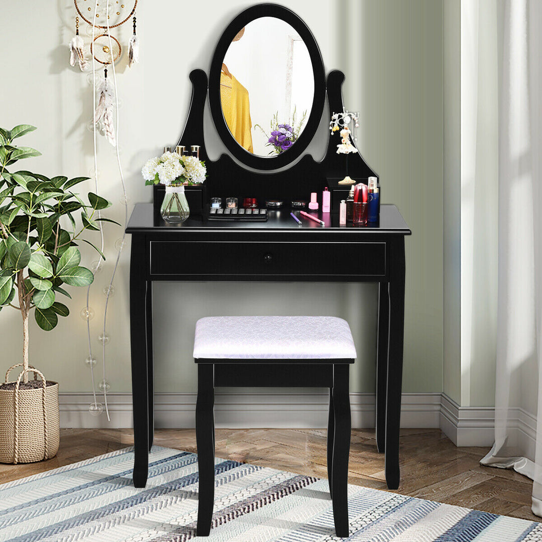 Bedroom Wooden Mirrored Makeup Vanity Set Stool Table Set Image 2