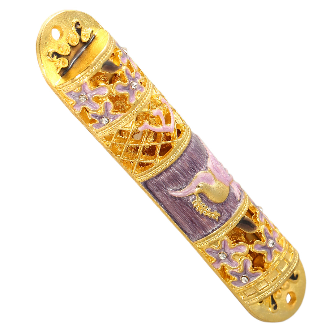 Hand Painted Enamel Mezuzah Embellished with a Floral Design with Gold Accents and fine Crystals by Matashi Image 3