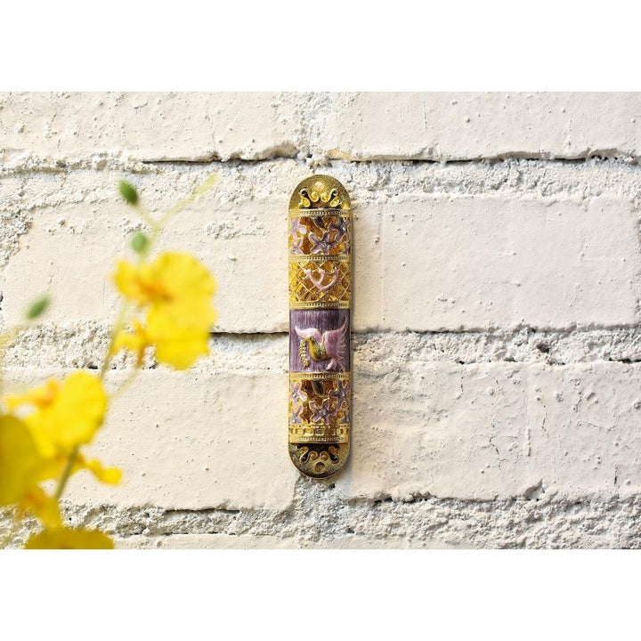 Hand Painted Enamel Mezuzah Embellished with a Floral Design with Gold Accents and fine Crystals by Matashi Image 5