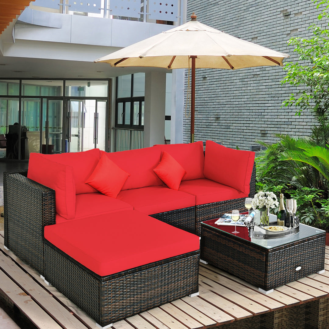 5PCS Rattan Sectional Sofa Set Patio Furniture Set w/ Red Cushion Pillow Image 4