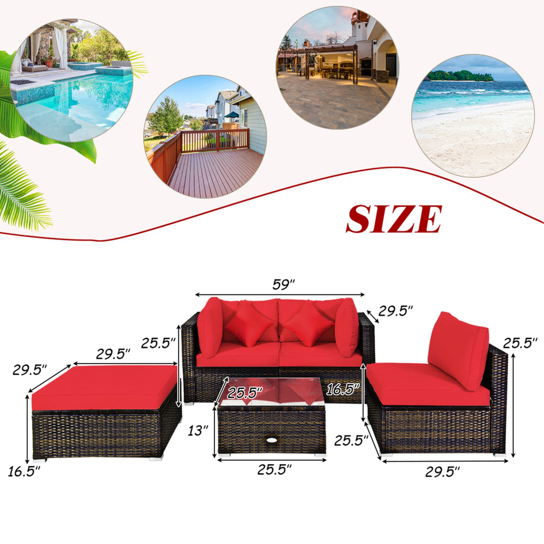 5PCS Rattan Sectional Sofa Set Patio Furniture Set w/ Red Cushion Pillow Image 2