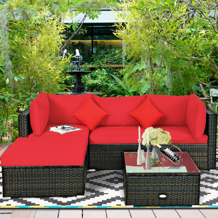 5PCS Rattan Sectional Sofa Set Patio Furniture Set w/ Red Cushion Pillow Image 3