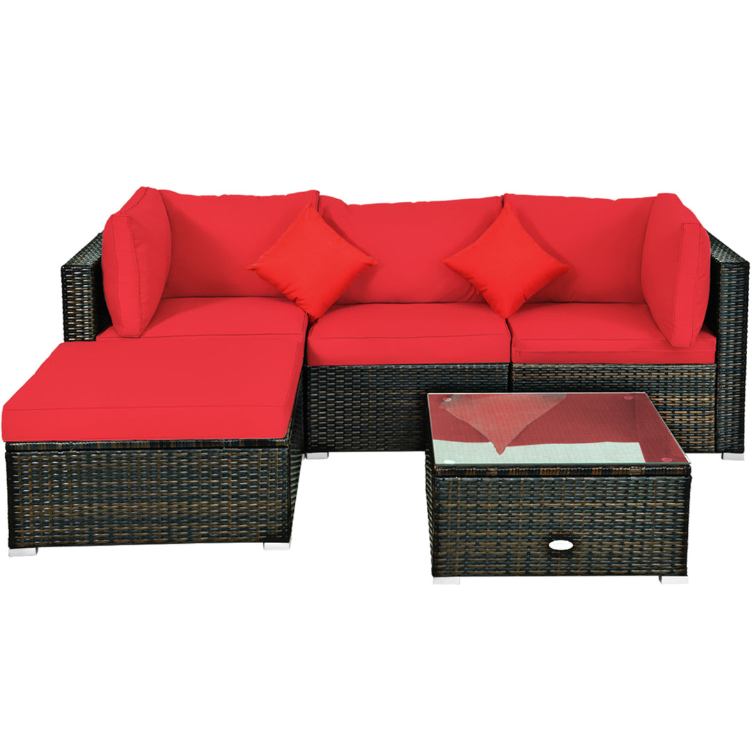 5PCS Rattan Sectional Sofa Set Patio Furniture Set w/ Red Cushion Pillow Image 7