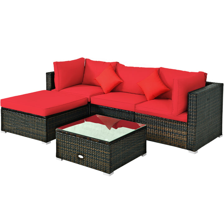 5PCS Rattan Sectional Sofa Set Patio Furniture Set w/ Red Cushion Pillow Image 5