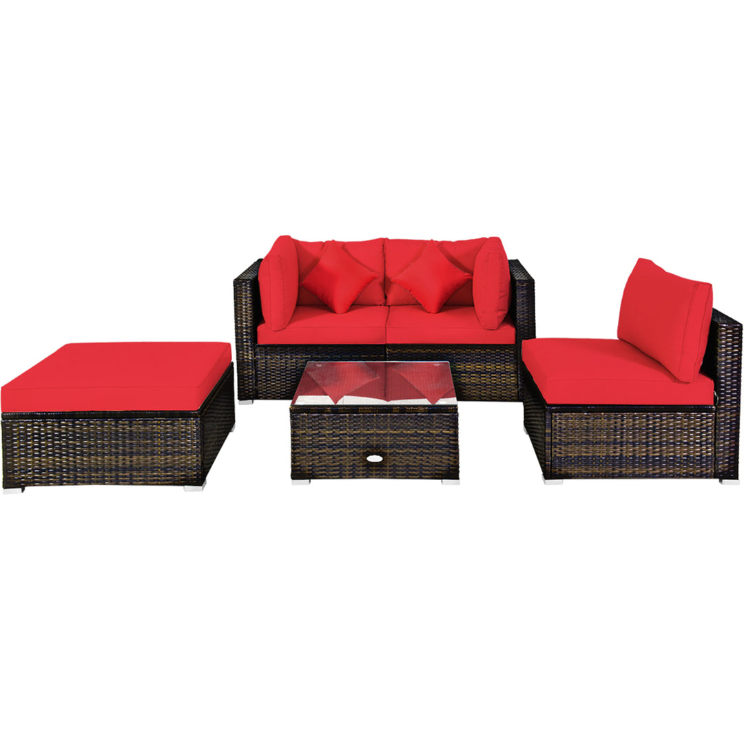 5PCS Rattan Sectional Sofa Set Patio Furniture Set w/ Red Cushion Pillow Image 6