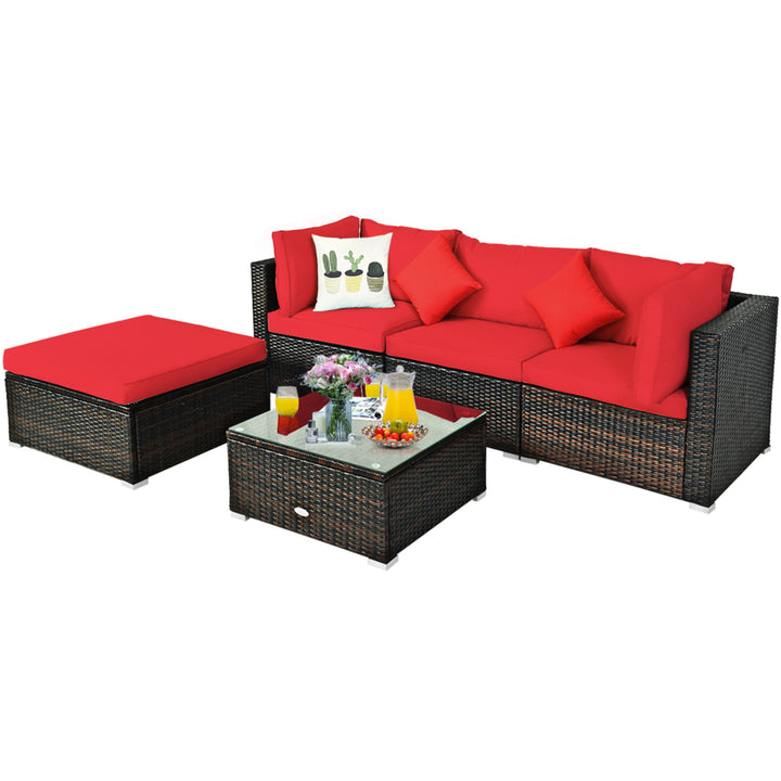 5PCS Rattan Sectional Sofa Set Patio Furniture Set w/ Red Cushion Pillow Image 8