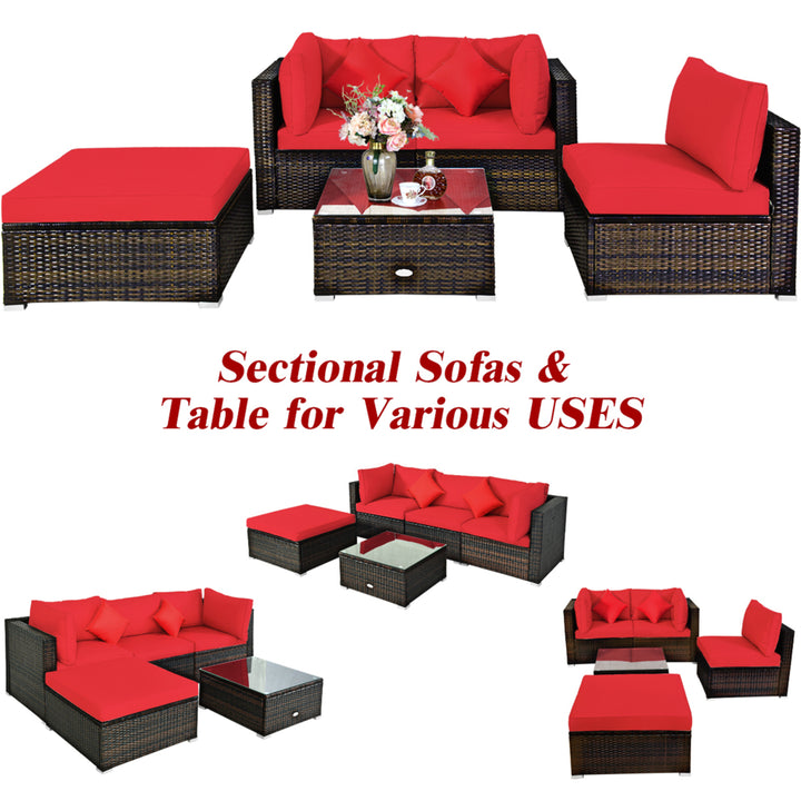 5PCS Rattan Sectional Sofa Set Patio Furniture Set w/ Red Cushion Pillow Image 9