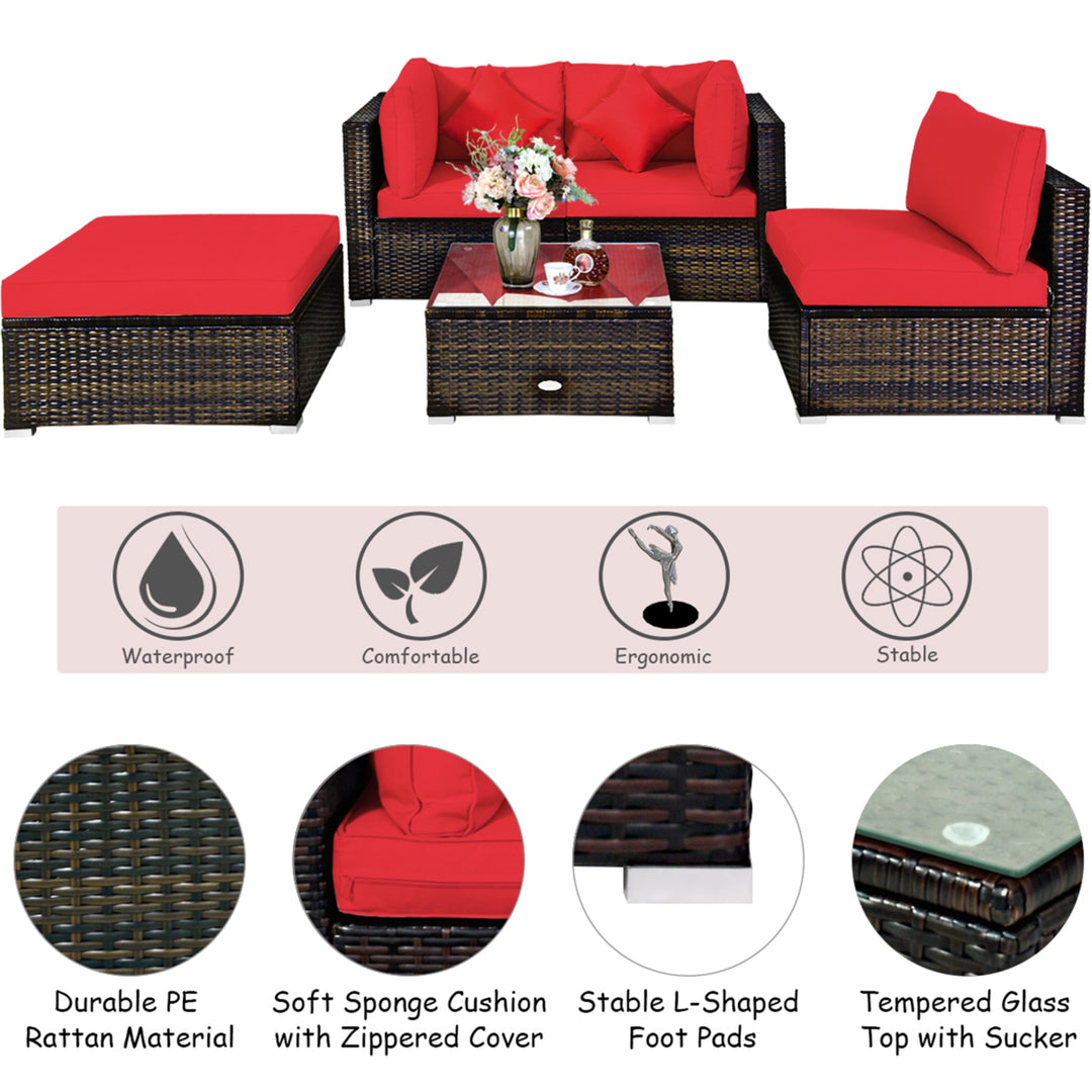 5PCS Rattan Sectional Sofa Set Patio Furniture Set w/ Red Cushion Pillow Image 10