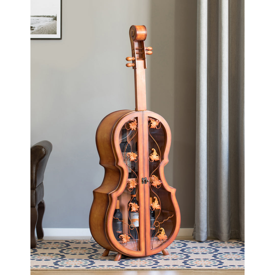 Violin Shaped Cabinet 4.5 Feet Wood Wine Rack with Double Acrylic Doors 2 Shelves Image 2