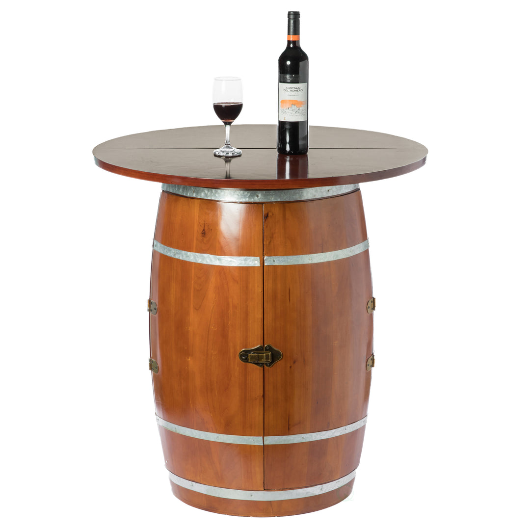 "Rustic Wine Barrel Round Table and Storage Cabinet 29.75in Durable Wood" Image 1