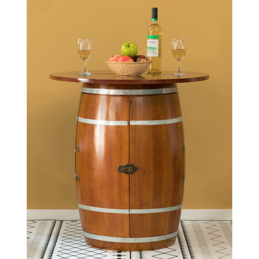 "Rustic Wine Barrel Round Table and Storage Cabinet 29.75in Durable Wood" Image 2