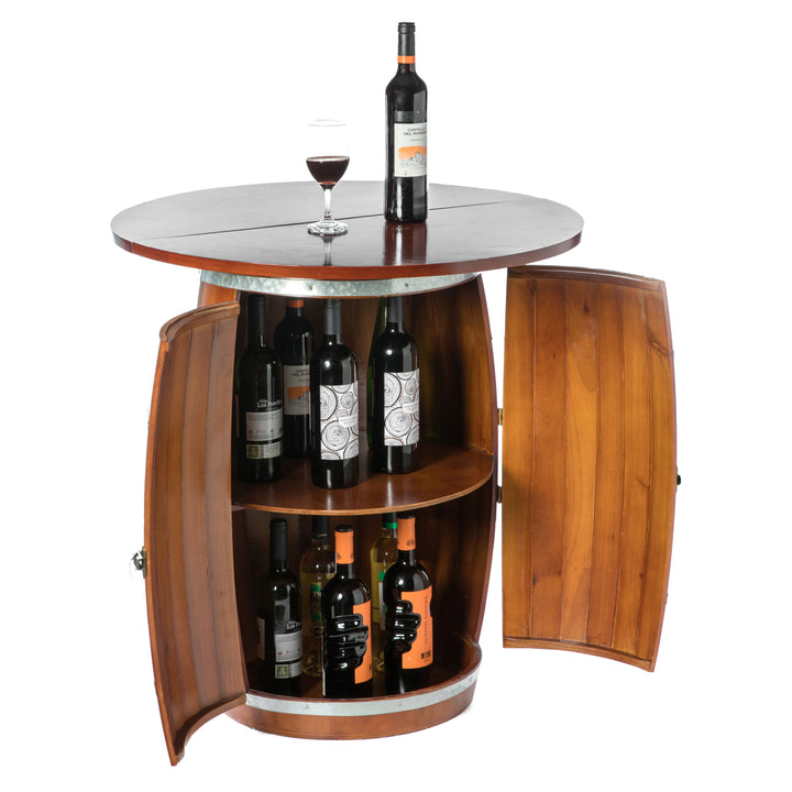 "Rustic Wine Barrel Round Table and Storage Cabinet 29.75in Durable Wood" Image 3