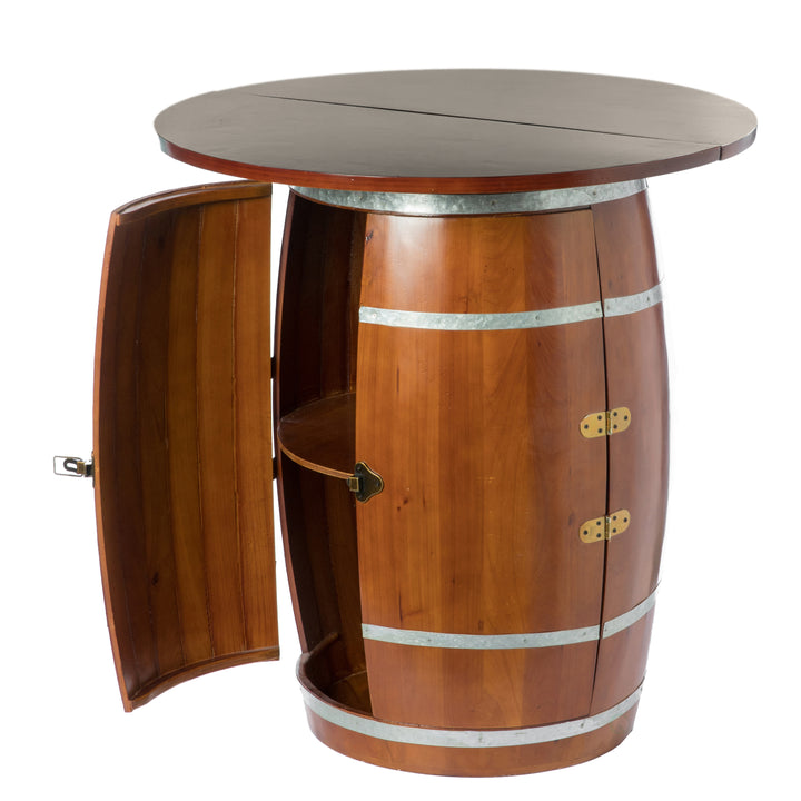 "Rustic Wine Barrel Round Table and Storage Cabinet 29.75in Durable Wood" Image 4