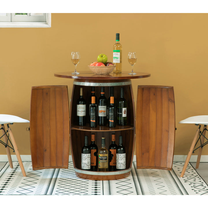 "Rustic Wine Barrel Round Table and Storage Cabinet 29.75in Durable Wood" Image 6