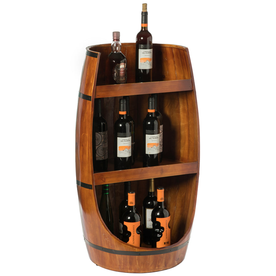 Rustic Wooden Wine Barrel Display Shelf Storage Stand Image 1