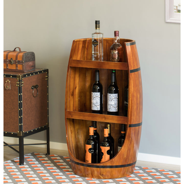 Rustic Wooden Wine Barrel Display Shelf Storage Stand Image 3