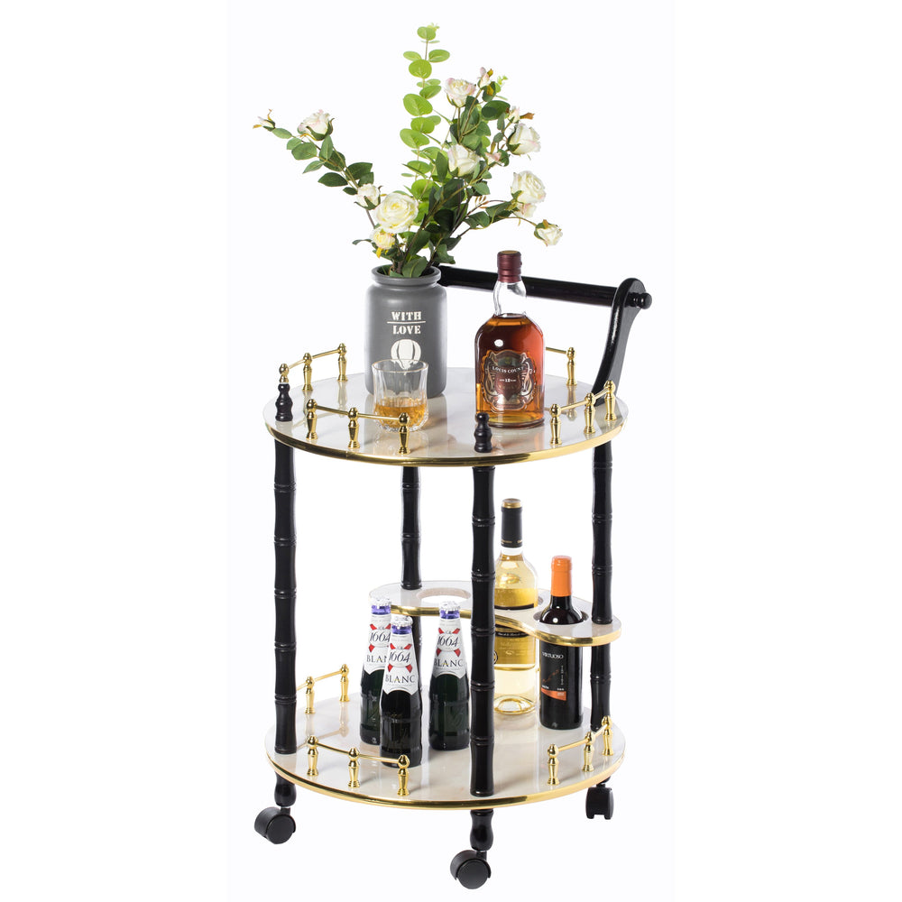 Round Wood Serving Bar Cart Tea Trolley with 2 Tier Shelves and Rolling Wheels Image 2