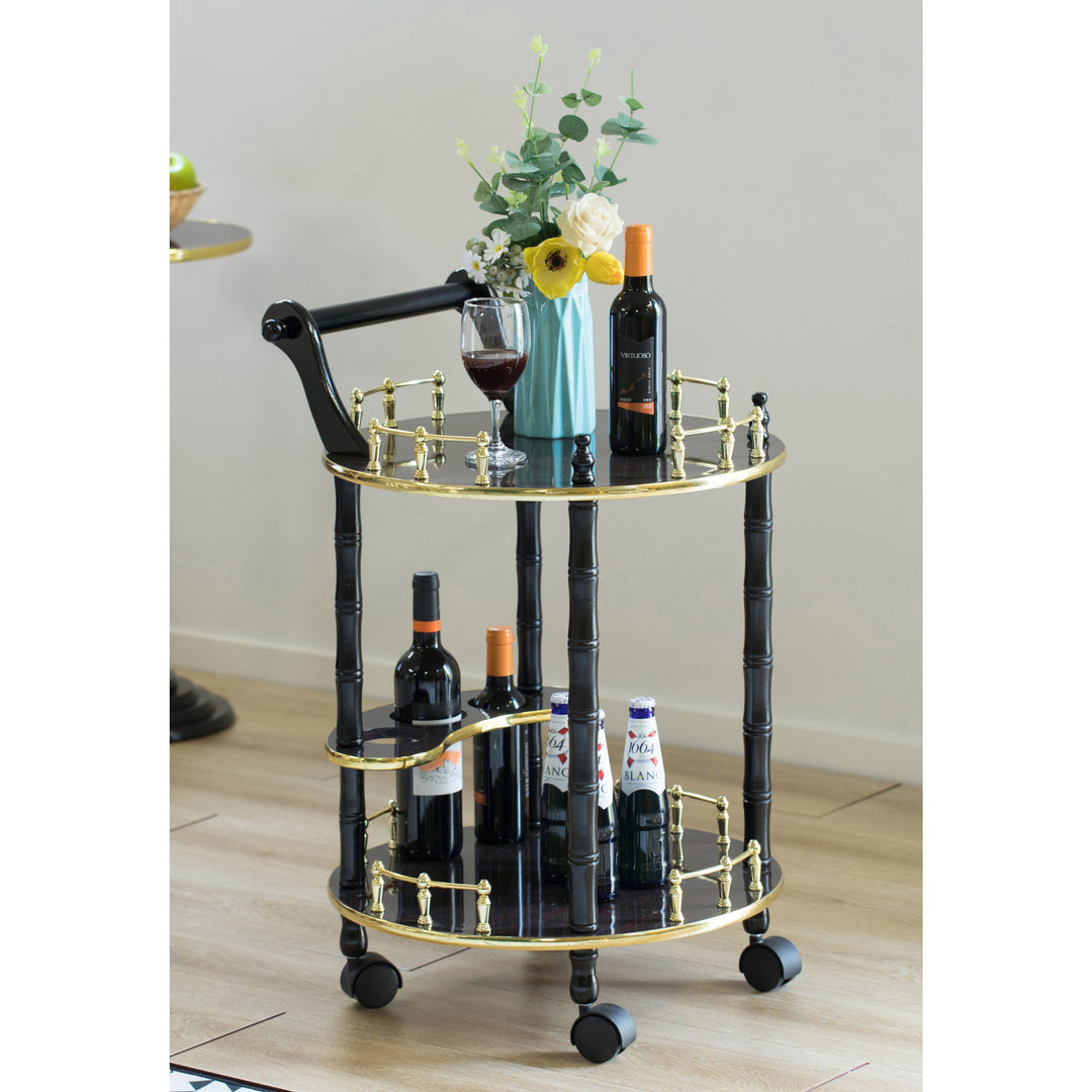 Round Wood Serving Bar Cart Tea Trolley with 2 Tier Shelves and Rolling Wheels Image 3