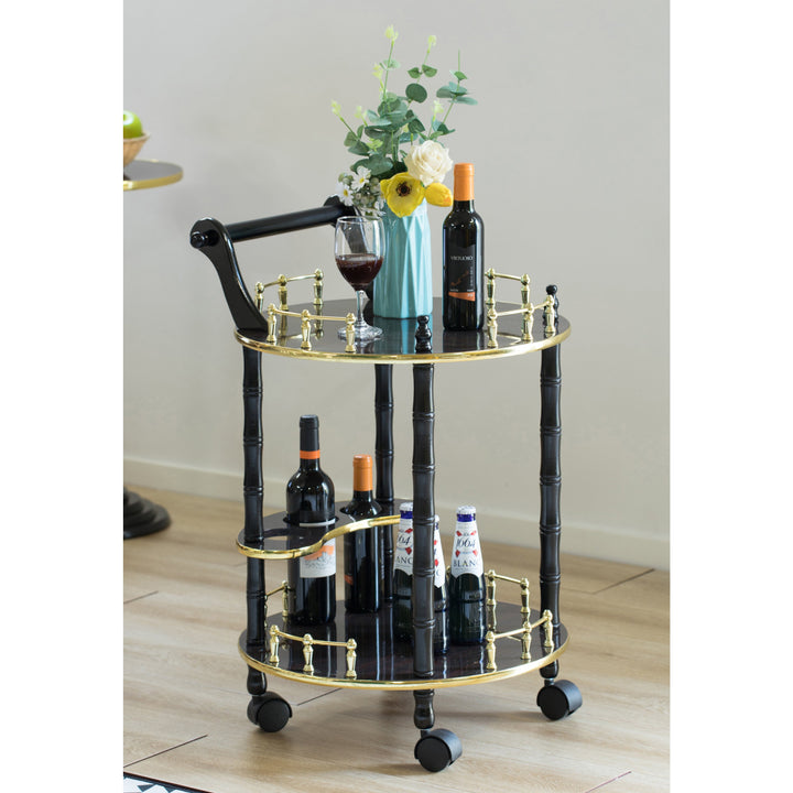 Wood Serving Bar Cart 2 Tier Rolling Tea Trolley 19" Diameter Kitchen Home Image 3