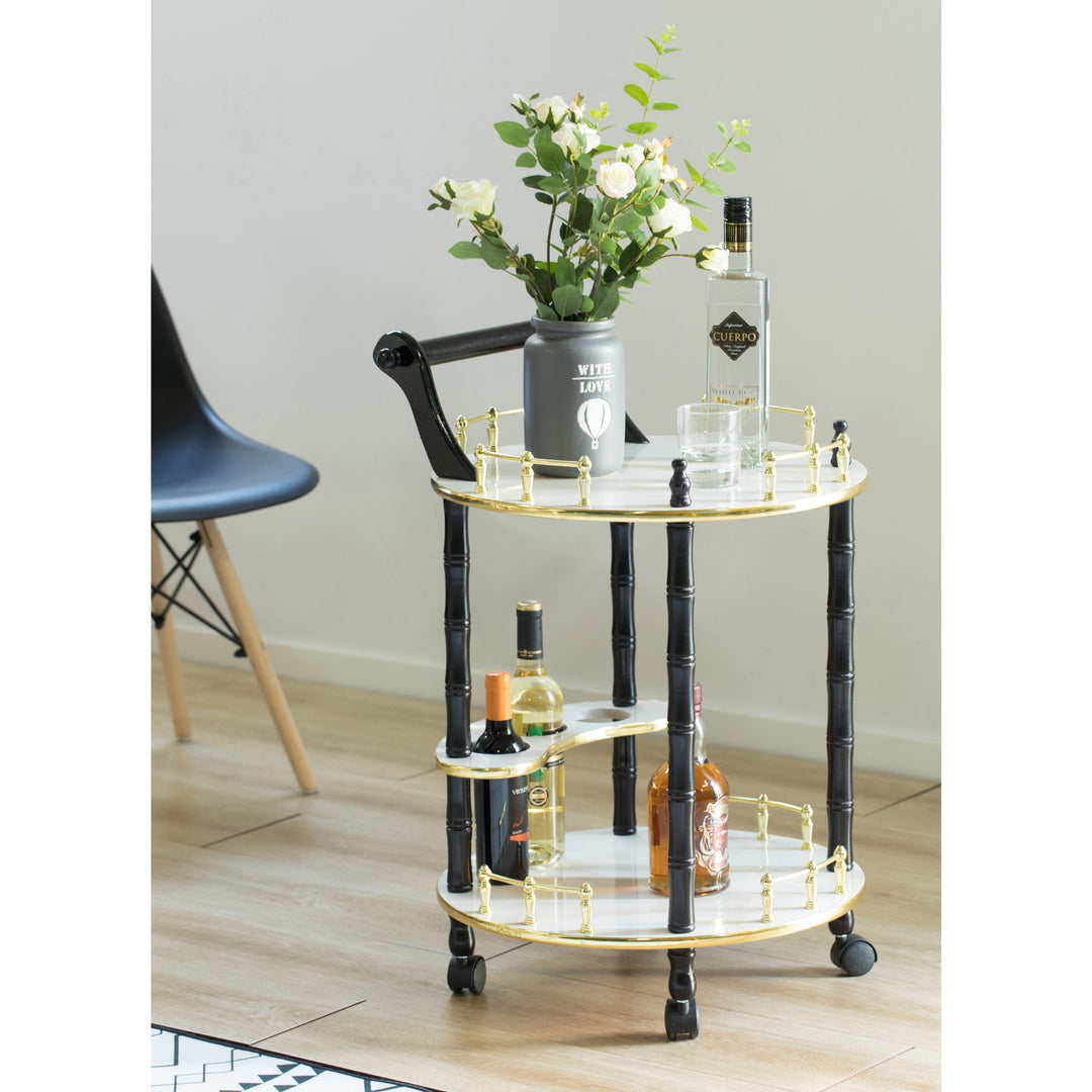 Round Wood Serving Bar Cart Tea Trolley with 2 Tier Shelves and Rolling Wheels Image 7