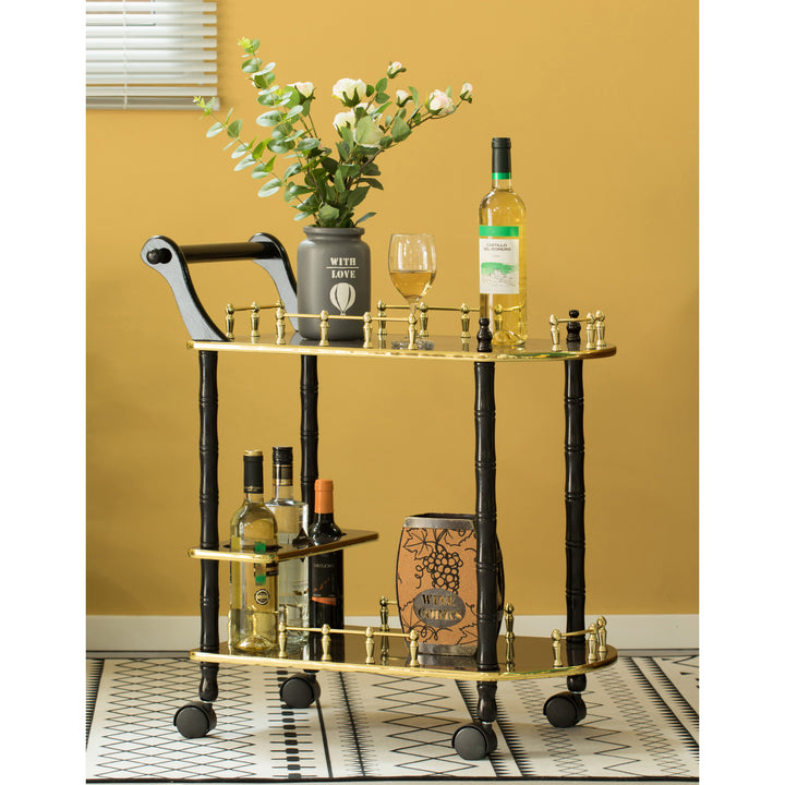 Fabulae Serving Bar Cart 2 Tier Wood Mobile Trolley with Wine Holders Rolling Wheels Image 2