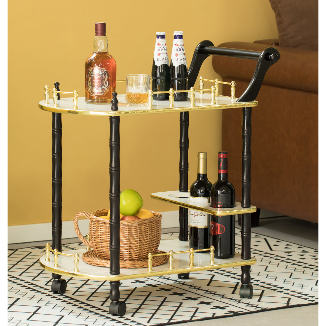 Fabulae Serving Bar Cart 2 Tier Wood Mobile Trolley with Wine Holders Rolling Wheels Image 7