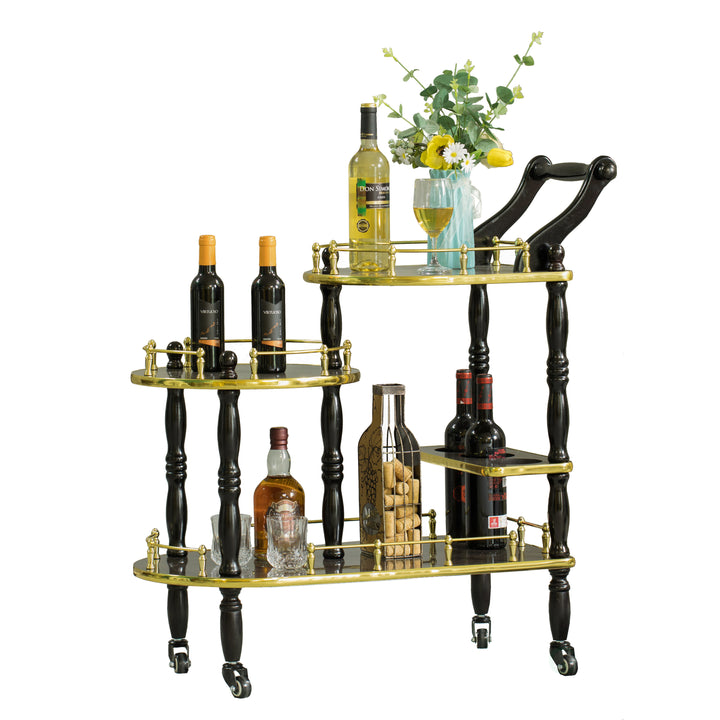 Fabulae Wood Serving Bar Cart Rolling Trolley 3 Tier Shelves Wine Holders 24x16 Image 1